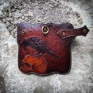 Cartera hecha a mano con calavera de cuervo, Cartera hecha a mano de cuero con calavera tallada, Cartera larga de motociclista para hombres, Cartera de motorista con estilo único, Regalo para hombres