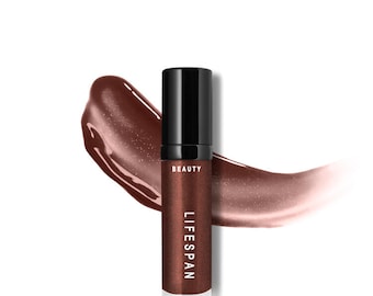 May include: A brown lipstick tube with a black cap and the word "BEAUTY" above "LIFESPAN" in white text. A swatch of the same brown lipstick is next to the tube on a white background.