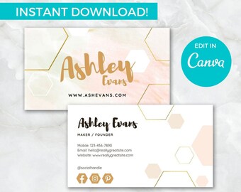 Editable Rose Gold Honeycomb Business Card, Business Card Template, DIY Business Card, Template, Instant Download