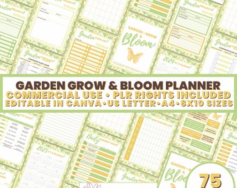 Garden Planner with Commercial Use PLR License, Printable Gardening Journal, Log, & Notebook, Planting Calendar Canva Templates Garden Tips