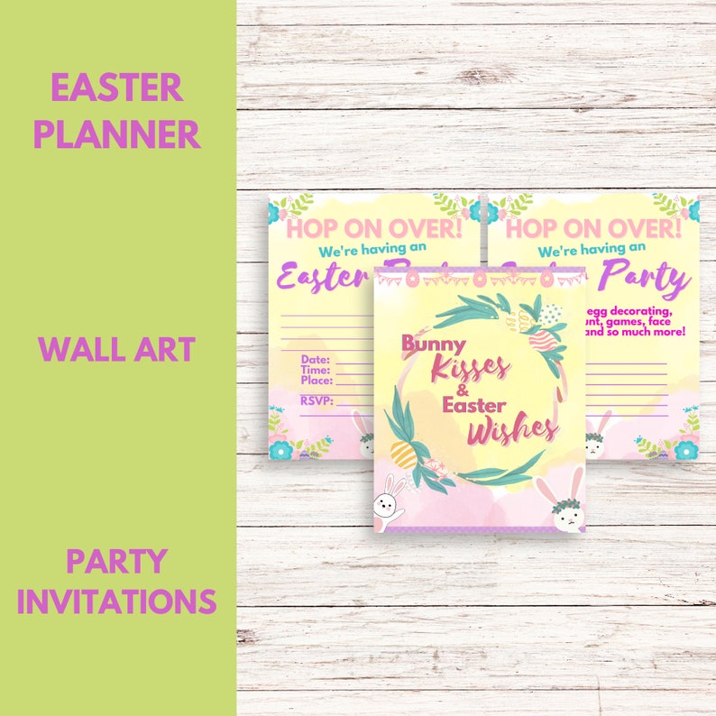 K&ouml;nnte beinhalten: Drei druckbare Einladungen zu einer Osterparty mit gelbem Hintergrund und Illustrationen von Hasen, Eiern und Blumen. Der Text auf den Einladungen lautet "Hop on Over! We're having an Easter Party".