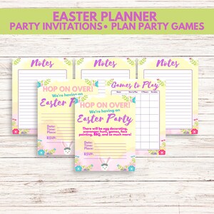K&ouml;nnte beinhalten: Druckbarer Oster-Partyplaner mit gelbem Hintergrund und floralen Akzenten. Der Planer enth&auml;lt Abschnitte f&uuml;r Notizen, Spiele zum Spielen und eine Partyeinladung mit dem Text "Hop on Over! We're having an Easter Party".