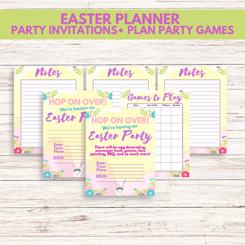 K&ouml;nnte beinhalten: Druckbarer Oster-Partyplaner mit gelbem Hintergrund und floralen Akzenten. Der Planer enth&auml;lt Abschnitte f&uuml;r Notizen, Spiele zum Spielen und eine Partyeinladung mit dem Text "Hop on Over! We're having an Easter Party".