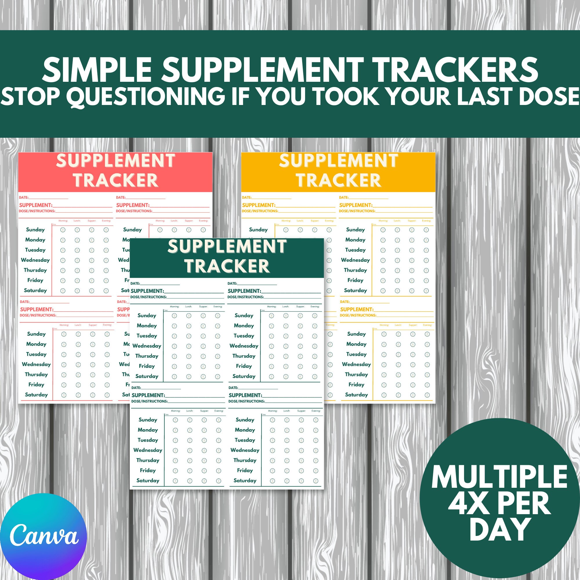 PLR Printable Simple Supplement Trackers Supplement Pill Dose Log Daily ...