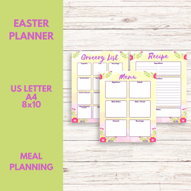 K&ouml;nnte beinhalten: Druckbarer Oster-Speiseplan mit einem gelben und rosafarbenen Aquarellhintergrund. Der Planer enth&auml;lt Abschnitte f&uuml;r eine Einkaufsliste, ein Men&uuml; und ein Rezept.