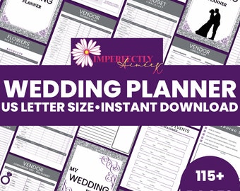 Könnte beinhalten: Ein druckbarer Hochzeitsplaner mit über 115 Seiten, in einem violetten und silbernen Design. Der Planer enthält Abschnitte für das Budget, Anbieterlisten, Eventplanung und vieles mehr. Das Cover zeigt ein stilisiertes Blumenmuster und den Text "My Wedding Planner".