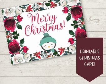 Printable Christmas Card Floral Merry Christmas Greeting Card