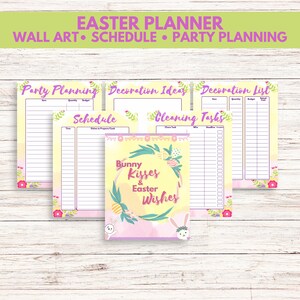 K&ouml;nnte beinhalten: Ein druckbarer Osterplaner mit gelbem Hintergrund und floralen Akzenten. Der Planer enth&auml;lt Abschnitte f&uuml;r die Partyplanung, Dekorationsideen, Dekorationsliste, Zeitplan und Reinigungsaufgaben. Der Titel des Planers lautet "Easter Planner" und der Untertitel lautet "Wall Art Schedule Party Planning".