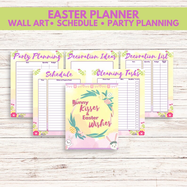 K&ouml;nnte beinhalten: Ein druckbarer Osterplaner mit gelbem Hintergrund und floralen Akzenten. Der Planer enth&auml;lt Abschnitte f&uuml;r die Partyplanung, Dekorationsideen, Dekorationsliste, Zeitplan und Reinigungsaufgaben. Der Titel des Planers lautet "Easter Planner" und der Untertitel lautet "Wall Art Schedule Party Planning".
