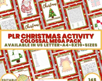 May include: A digital download of 145 printable Christmas activity pages. The pages feature a variety of activities, including mazes, word searches, dot-to-dots, Sudoku puzzles, and more. The pages are decorated with a red and white Christmas theme. The text "PLR Christmas Activity Colossal Mega Pack" is displayed in a large font at the top of the image. The text "Available in US Letter, A4, 8x10 sizes" is displayed below the title. The text "Editable in Canva" is displayed in the bottom left corner of the image. The text "145 Pages" is displayed in the bottom right corner of the image.
