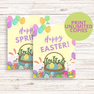 K&ouml;nnte beinhalten: Zwei druckbare Karten mit gelbem Hintergrund und bunten Ostereiern. Die erste Karte sagt "Frohes Fr&uuml;hjahr" und die zweite Karte sagt "Frohe Ostern!" Beide Karten zeigen ein Kaninchen, das einen Korb mit Eiern h&auml;lt.