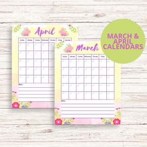 K&ouml;nnte beinhalten: Zwei druckbare Kalender f&uuml;r M&auml;rz und April mit einem floralen Design und Hasenillustrationen. Die Kalender haben leere K&auml;stchen f&uuml;r jeden Tag des Monats und einen Notizbereich unten.