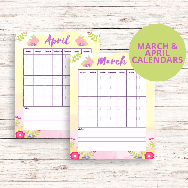 K&ouml;nnte beinhalten: Zwei druckbare Kalender f&uuml;r M&auml;rz und April mit einem floralen Design und Hasenillustrationen. Die Kalender haben leere K&auml;stchen f&uuml;r jeden Tag des Monats und einen Notizbereich unten.