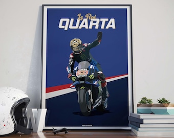 May include: A blue and white poster with a motorcycle racer in a blue and green racing suit, helmet, and gloves. The racer is on a blue and white motorcycle with the number 20 on the side. The text "Le Roi QUARTA" is at the top of the poster.