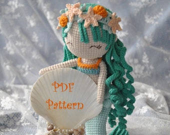 Marina, the little Mermaid Amigurumi Crochet Pattern, with legs, removable tail, dress, shoes, and 2 headbands.