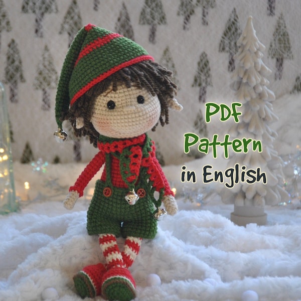 Little Christmas Elf Oliver, with shorts, hat and scarf accessories. Amigurumi crochet pattern PDF file.