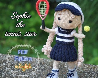Crochet Amigurumi Doll Pattern: Sophie the Tennis Star Sporty Dress, Tennis Racket & Ball |  (PDF Download)