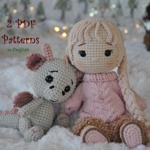 2 PDF Patterns, Sophie, cute dressable doll with winter outfits and Big Bubble the little dragon/Mint dragon pattern