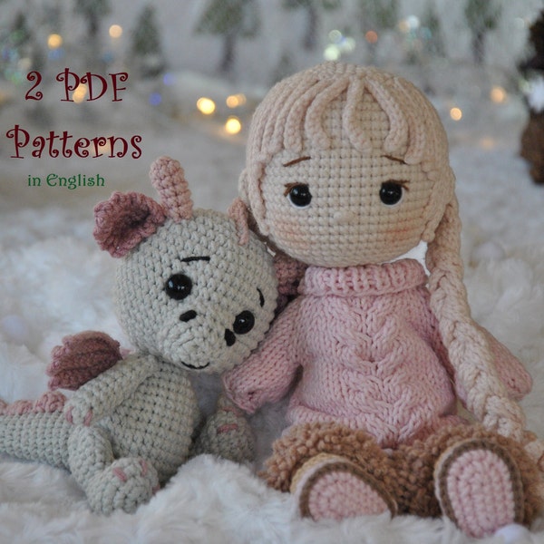 2 PDF Patterns, Sophie, cute dressable doll with winter outfits and Big Bubble the little dragon/Mint dragon pattern