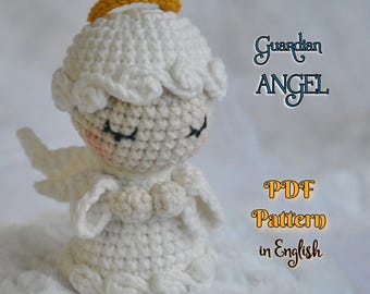 May include: A handmade white crochet angel doll with a yellow halo. The angel has closed eyes, rosy cheeks, and small wings. The text "Guardian Angel" and "PDF Pattern in English" are also visible.