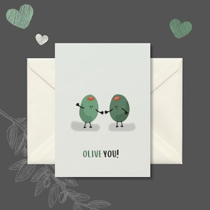 Punny Silly Valentinstag Karte für Mann oder Freund, Olive You, 5x7 Karte Ihrer Wahl der Umschlagfarbe
