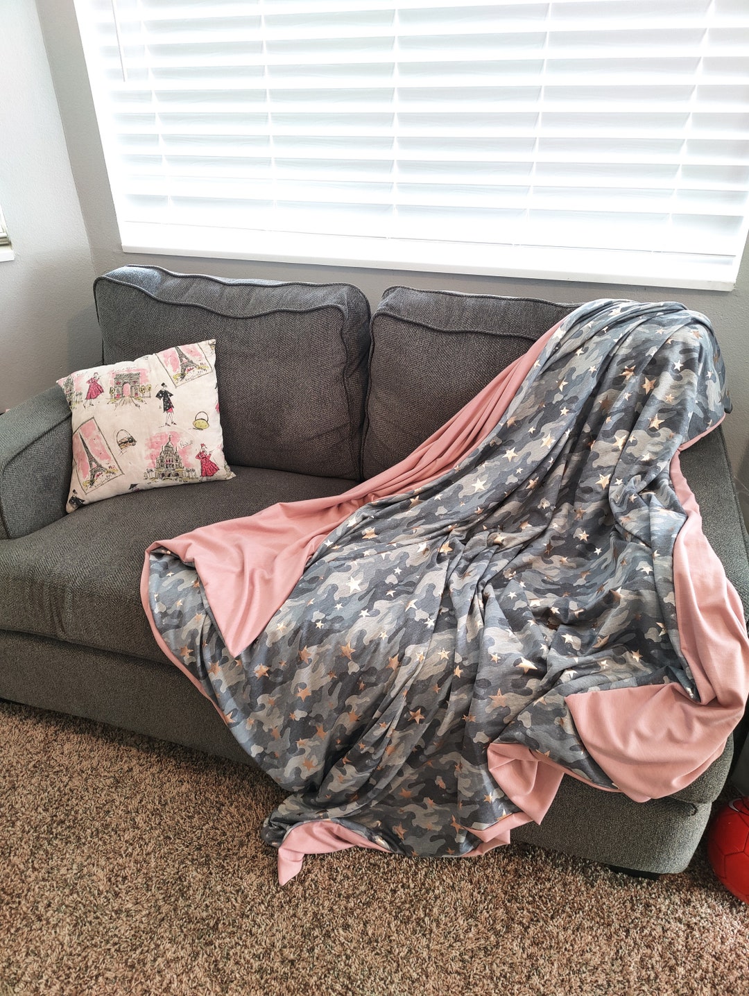 Camouflage and Stars Blanket Grey and Blush Double Sided Knit Blanket