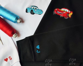 Embroidered Lovely Car Couple Characters embroidered Sweatshirt, embroidered Hoodie, Personalized Couple Sweatshirt, Valentine's Day