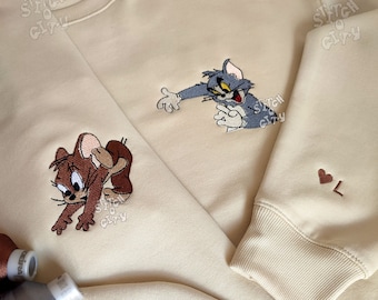 Haftowana mysz i kot para postaci haftowana bluza, haftowana bluza z kapturem, spersonalizowana bluza para, Walentynki
