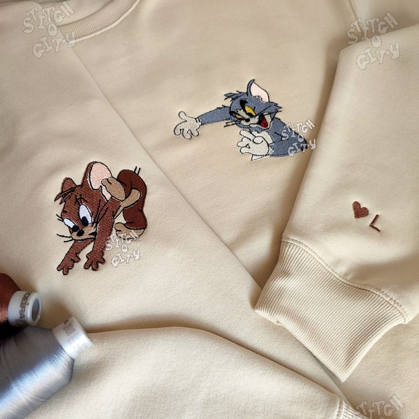 Embroidered mouse and cat Couple Characters embroidered Sweatshirt, embroidered Hoodie, Personalized Couple Sweatshirt, Valentine's Day