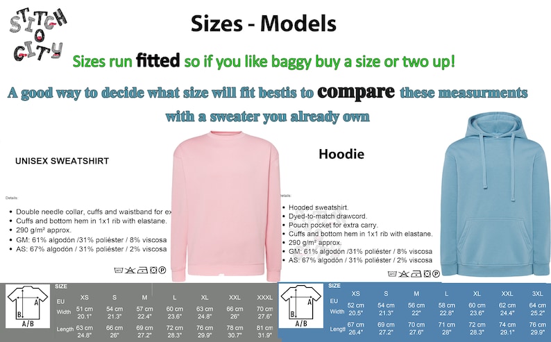May include: Size chart for unisex sweatshirts and hoodies. The chart shows measurements in inches for the width, length, and sleeve length of each size. The chart also includes the fabric composition of the garments.