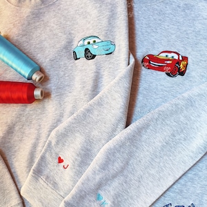 Embroidered Lovely Car Couple Characters embroidered Sweatshirt, embroidered Hoodie, Personalized Couple Sweatshirt, Valentine's Day image 5