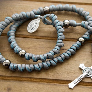 Heaven&#39;s Embrace - Grey, Teal Blue, Gunmetal Rope Rosary (Paracord 550)