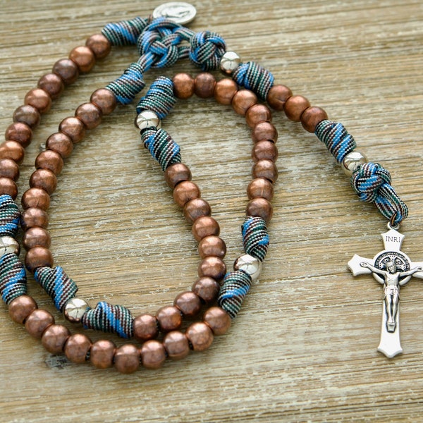 Unbreakable Faith Paracord Rosary | Durable Rosary Designed for Catholic Boys (Light Blue, Copper and Silver)