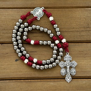 Sword of the Faithful - Maroon, Gunmetal and Silver Premium Paracord Rosary | St Benedict Rosary, Metal Beads