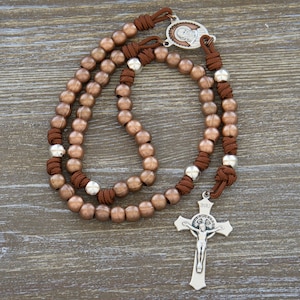 Rosario de metal con paracord de San Padre Pío, cuentas pesadas, cobre, marrón y plata, regalo católico de primera calidad