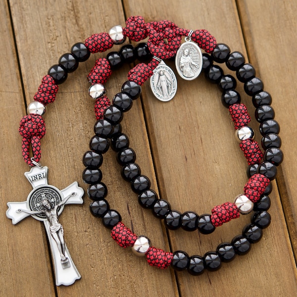 Militia Immaculatae - St. Maximilian Kolbe Signature 5 Decade Red/White/Black Paracord Rosary