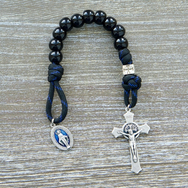 The Solemn Crusader | Blue Black and Silver 1 Decade Paracord Rosary | Miraculous Medal | Catholic Gift