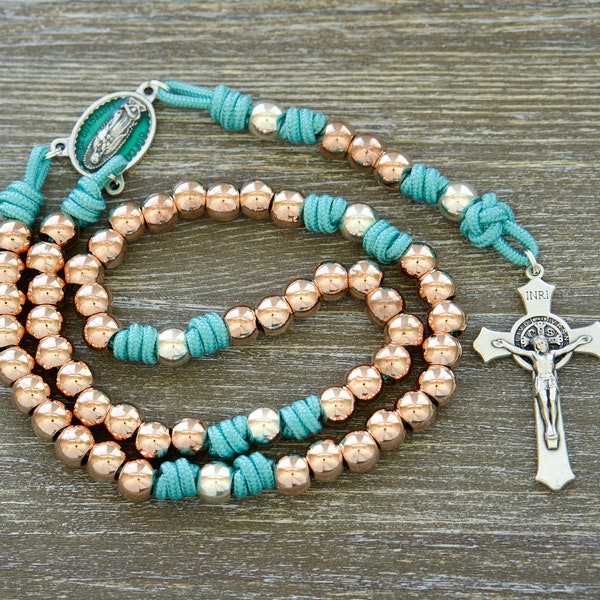 The Rosa Mystica (The Mystical Rose) | Our Lady of Guadalupe Metal Women's Premium Paracord Rosary | Rose Gold, Teal Blue and Silver Rosary