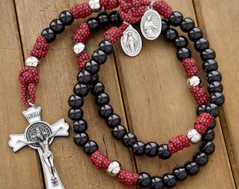 Militia Immaculatae - St. Maximilian Kolbe Signature 5 Decade Red/White/Black Paracord Rosary