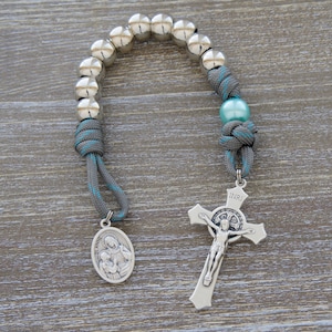 St. Anne&#39;s Intercession | Paracord Pocket Rosary: Silver and Teal Acrylic Beads, Benedict Crucifix