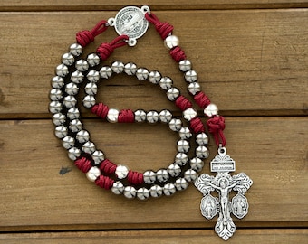 Sword of the Faithful | Maroon, Gunmetal and Silver Premium Paracord Rosary | St Benedict Rosary | Metal Beads