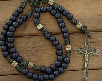 Shield of Faith - Green, Black and Olive Catholic Paracord Rosary - Large St. Benedict Crucifix