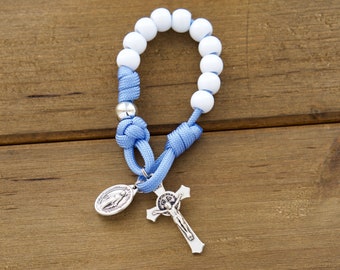 Children's Blue, White and Silver Single Decade Pocket Paracord Rosary - Catholic Gift