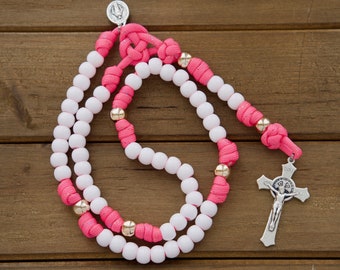 Chapelet rose paracorde 5 décennies pour enfant - Cadeau catholique