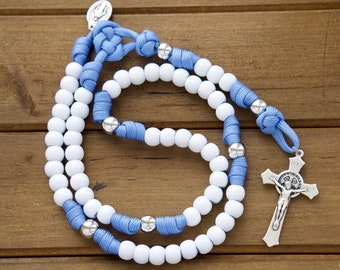 Rosario infantil de paracord azul y blanco / Rosario católico para niños
