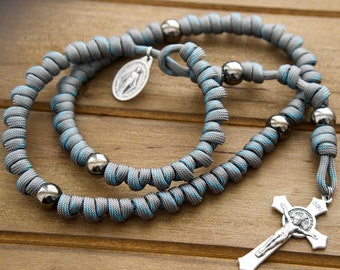 Heaven's Embrace - Grey, Teal Blue, Gunmetal Rope Rosary (Paracord 550)