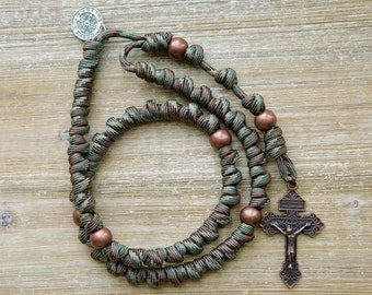 The Serpent Slayer - Camo and Copper Rope Rosary - Paracord 550 Travelers Full Size Knotted Rosary