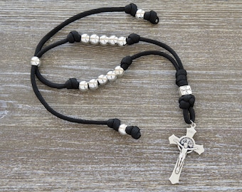 Black and Silver Crusader Rearview Mirror Paracord Rosary - Catholic Gifts, Car Rosary, Auto Rosary
