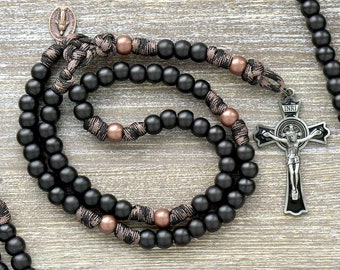 The Heavy Duty Hail Mary - Black and Antique Copper Camo Men&#39;s Paracord Rosary - Catholic Gift for Men