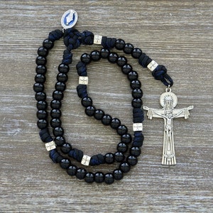 The Solemn Crusader | Blue Black and Silver 5 Decade Paracord Rosary | Miraculous Medal | Catholic Gift